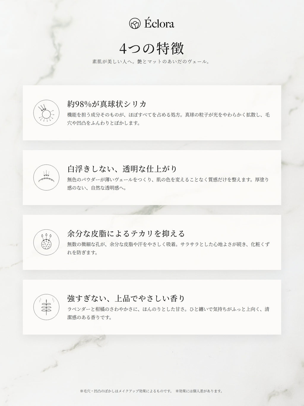 ÉCLORA ルースパウダー 01 の4つの特徴：約98%が真球状シリカ、白浮きしない透明な仕上がり、余分な皮脂によるテカリを抑える、上品でやさしい香り ※毛穴・凹凸のぼかしはメイクアップ効果によるものです